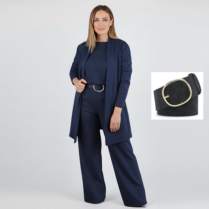 Dorren - Elegante Conjunto de Tres Piezas Con Cárdigan Largo, Top y Pantalón