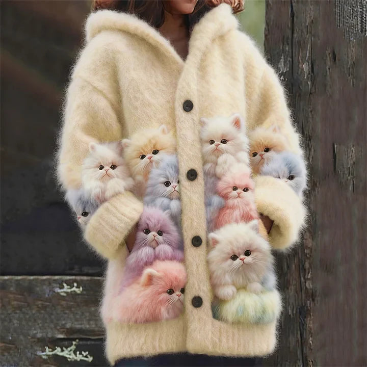 Kelsie - Cárdigan con Capucha Mullido y Gatos