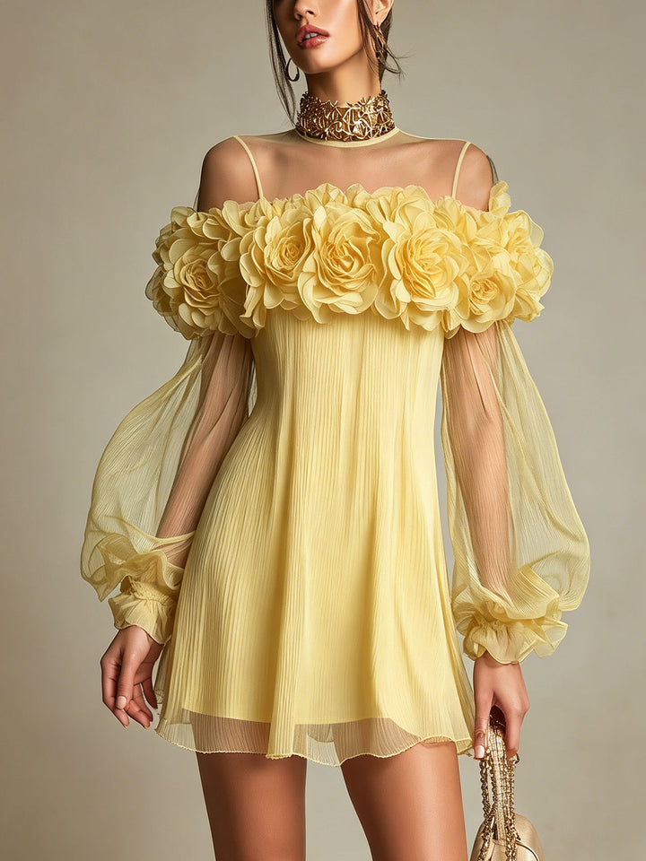 Liziana - Mini Vestido Plisado Con Adornos Florales En 3D