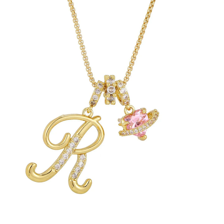 Nerute - Collar Con Inicial y Colgante de Corazón Rosa