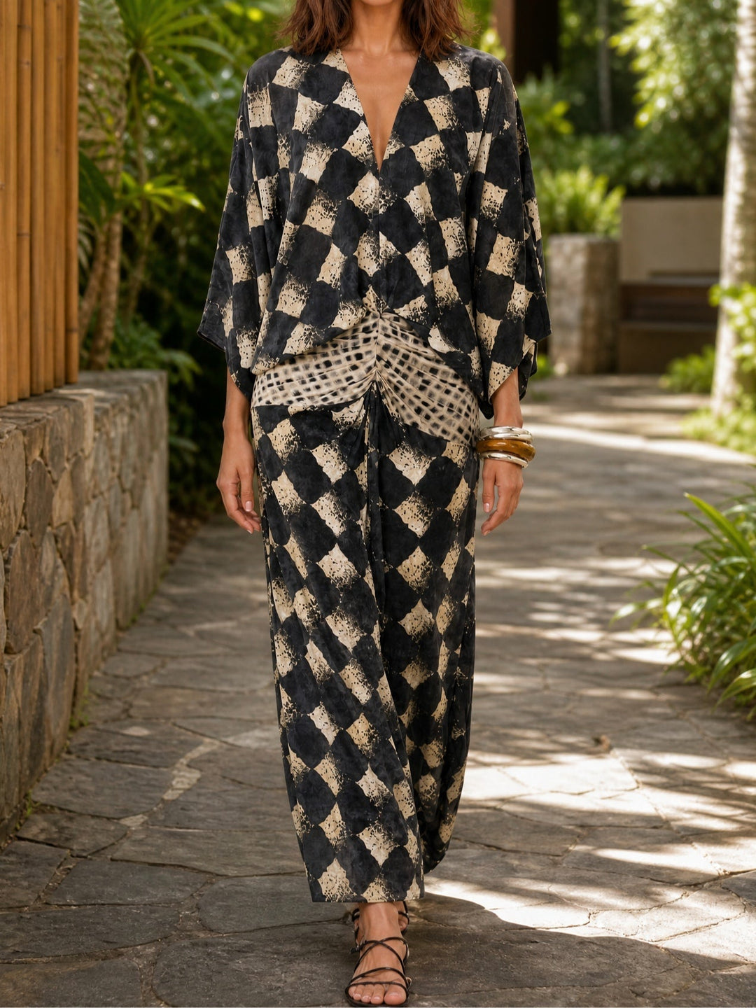 Meeria - Vestido Largo Holgado Con Cuello en V Y Estampado