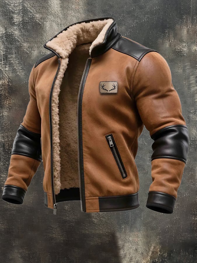 Labuschagne - Chaqueta Cálida De Ante y Cuero Vintage