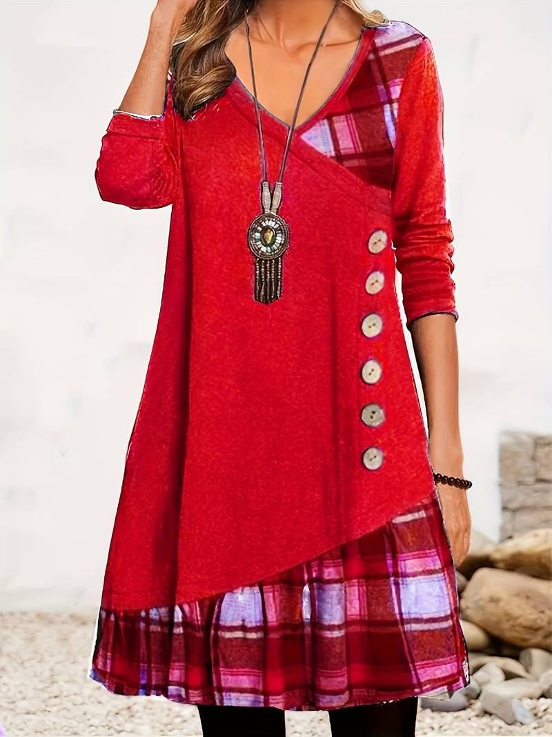 Alinor - Vestido Informal de Manga Larga Con Estampado de Cuadros y Patchwork