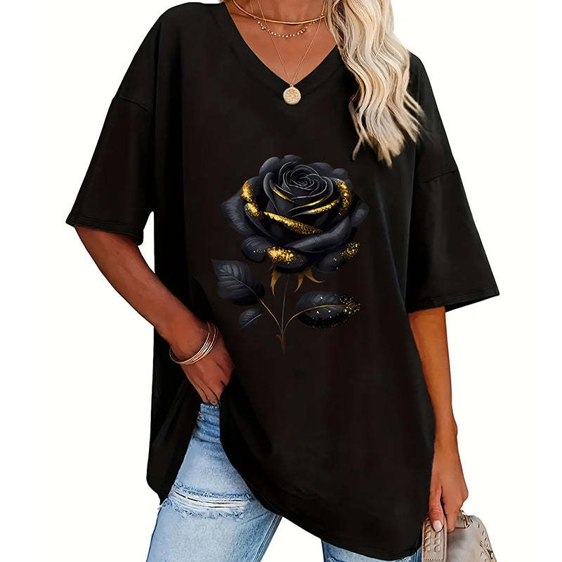 Aijia - Camiseta Con Cuello en V Y Estampado De Rosas