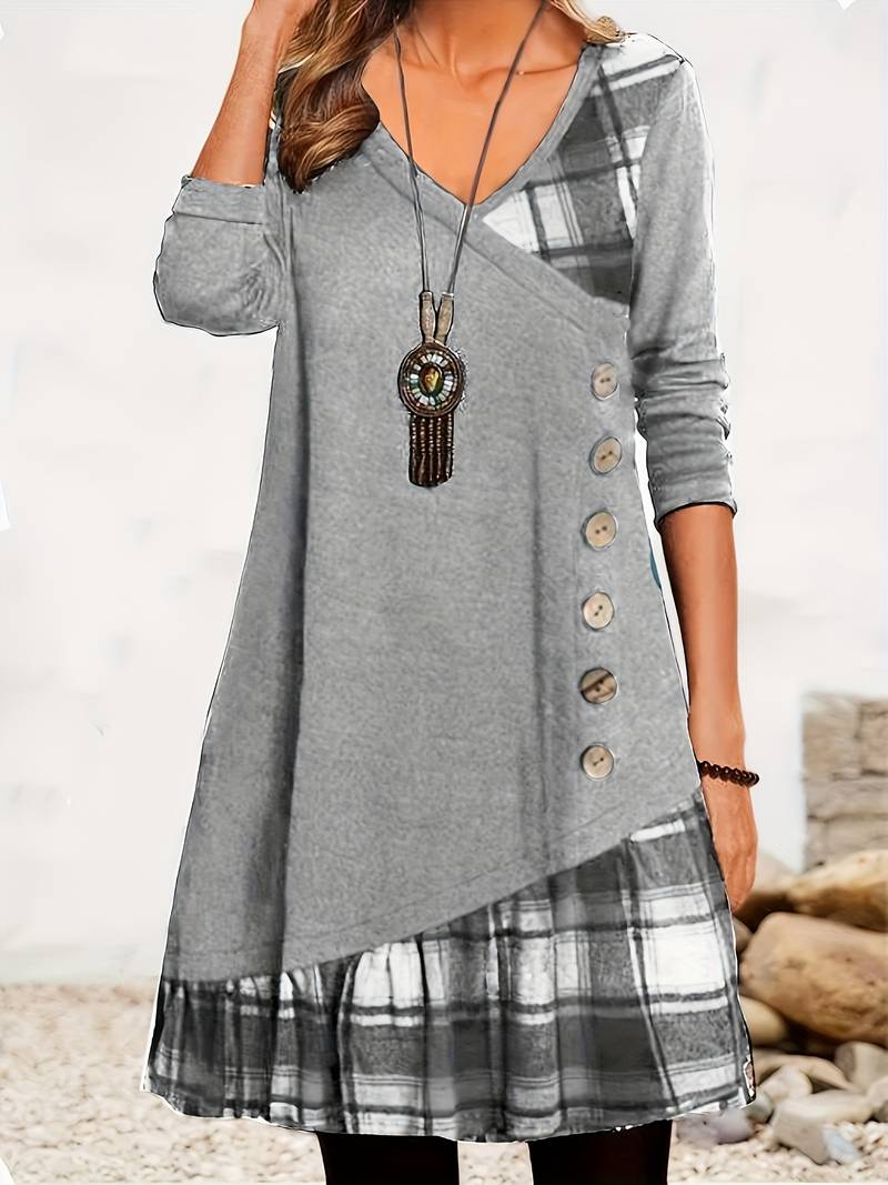 Alinor - Vestido Informal de Manga Larga Con Estampado de Cuadros y Patchwork