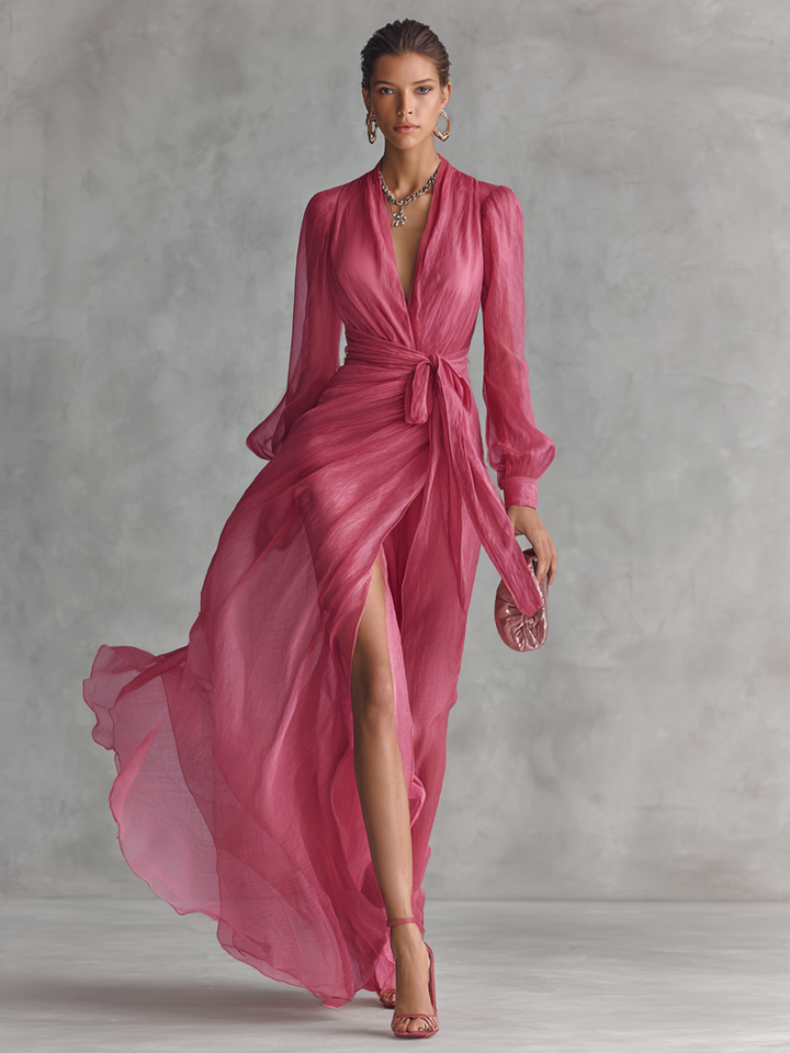 Jalesa - Vestido Largo De Gasa Con Lazo En La Cintura