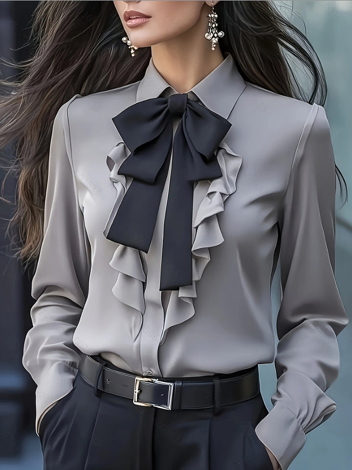 Dwyna - Blusa De Manga Larga Con Botones y Lazo Con Volantes