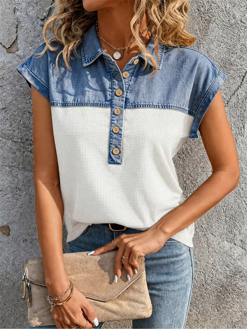 Haily - Camiseta Informal de Denim con Cuello de Patchwork y Manga Corta