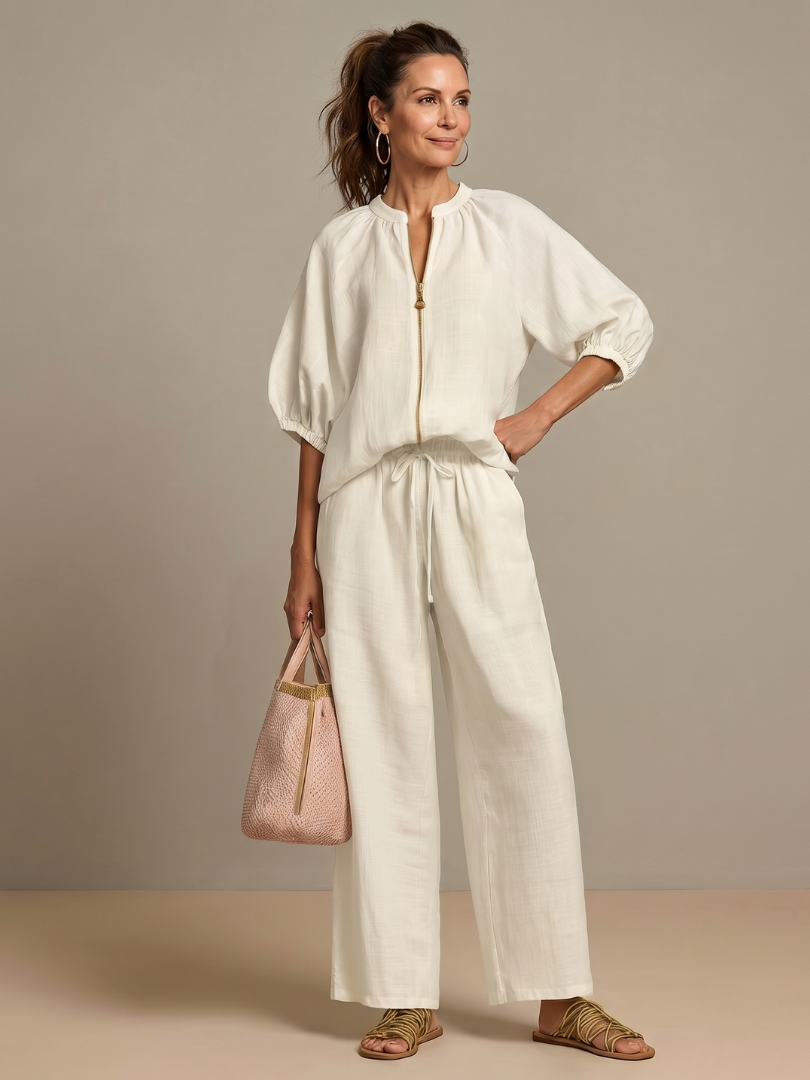 Sharina - Conjunto De Blusa Con Cremallera Y Pantalones De Pierna Ancha