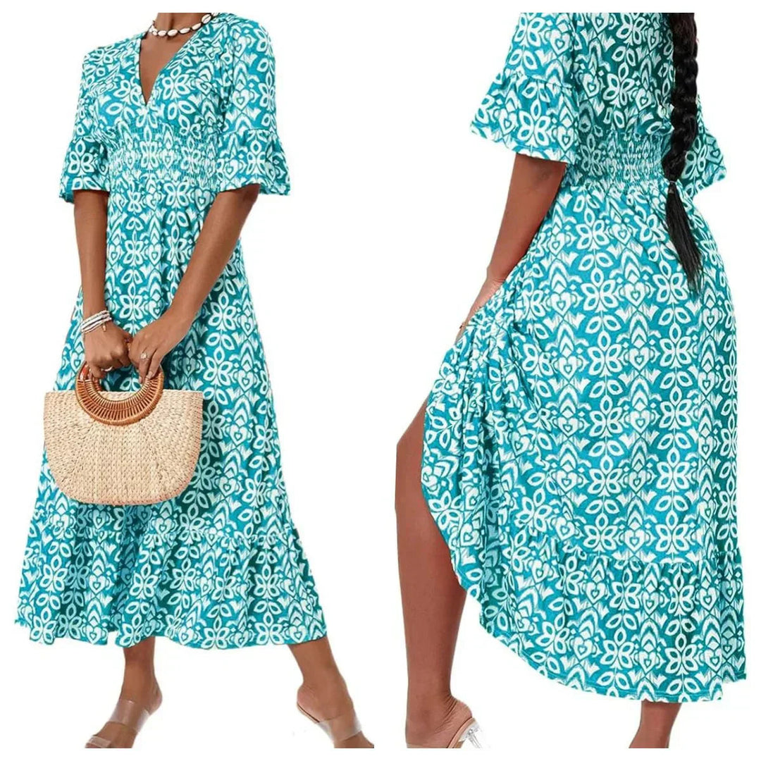 Yiska - Vestido Florales con Cuello en Pico