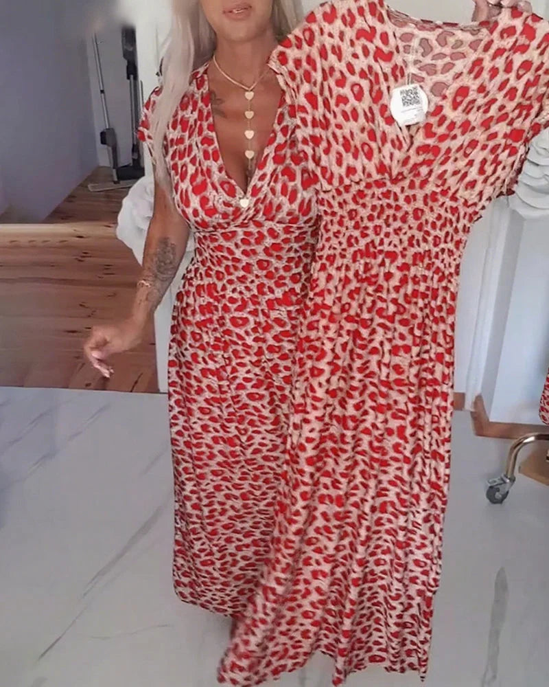 Erendira - Elegante Vestido Con Cuello En V y Estampado De Leopardo
