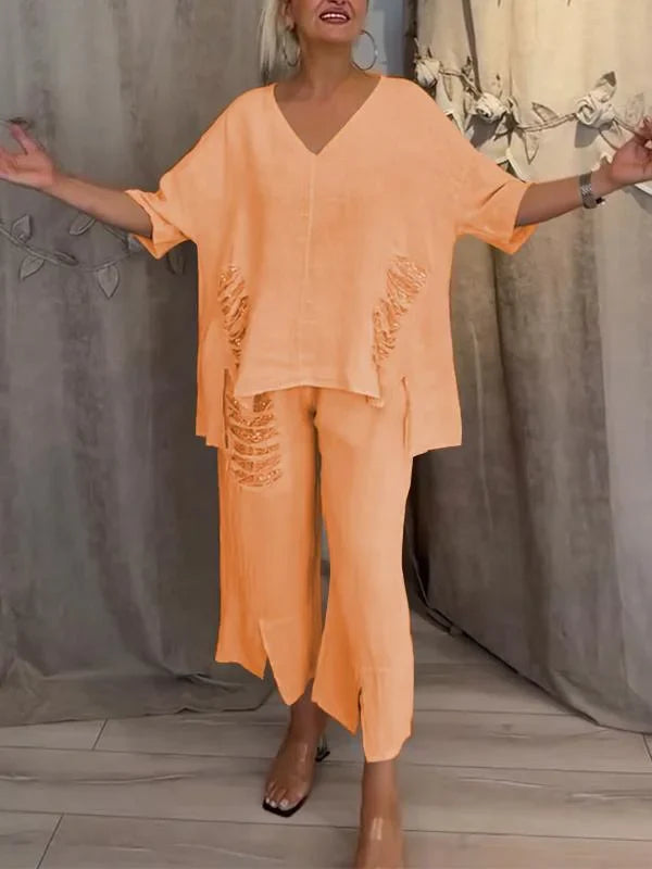 Himashi - Elegante Traje De Dos Piezas De Algodón y Lino Con Cuello En V