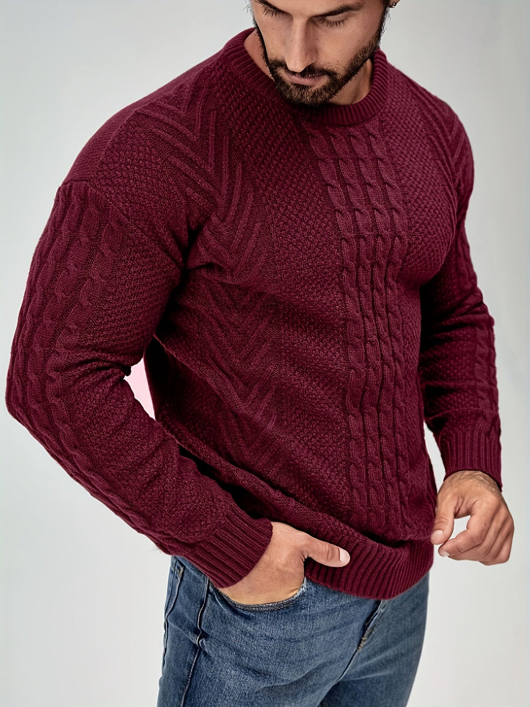 Eiduks - Jersey Clásico de Cuello Redondo Con Punto Trenzado