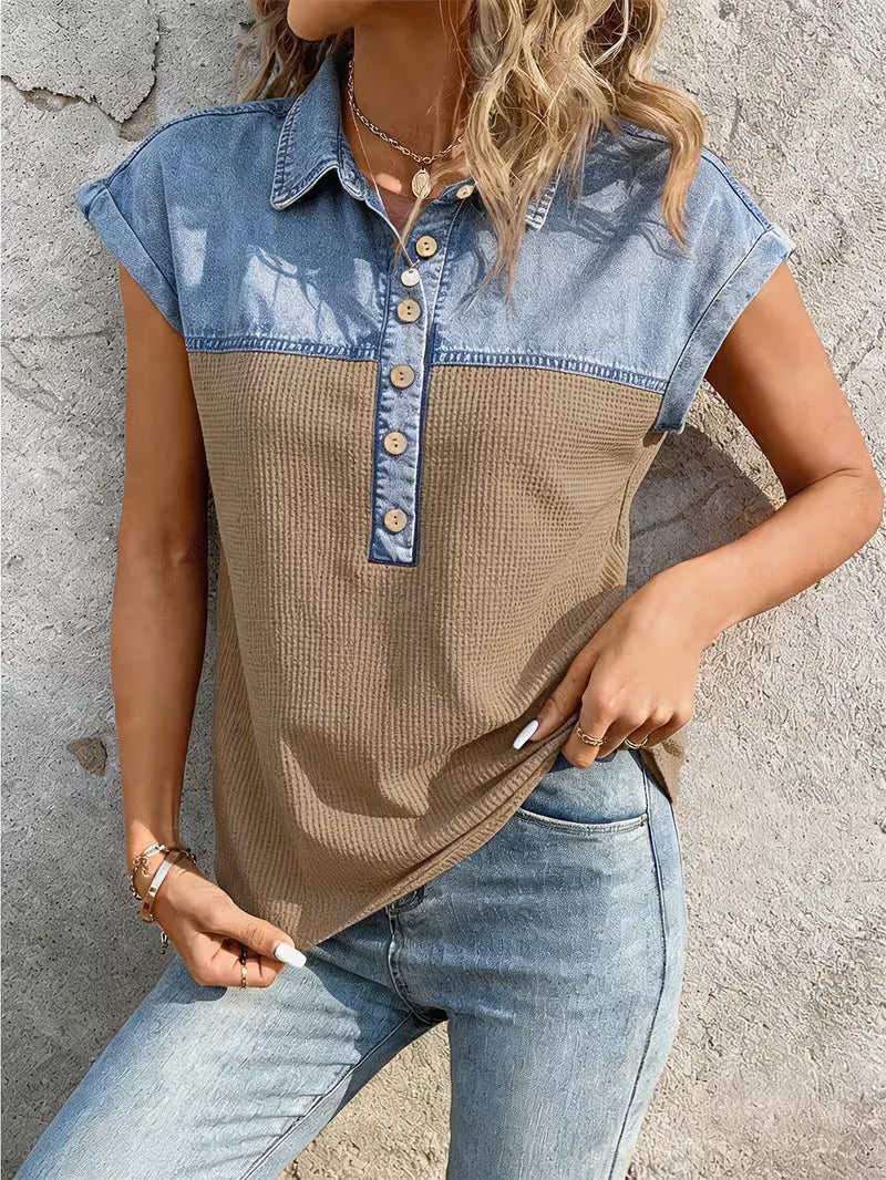 Haily - Camiseta Informal de Denim con Cuello de Patchwork y Manga Corta