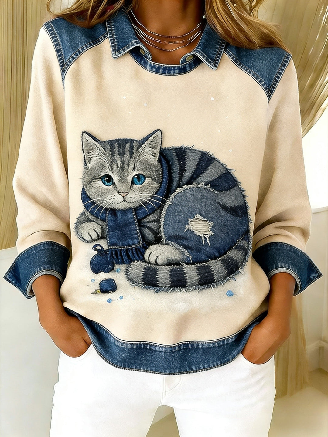 Eponin - Sudadera Retro Con Parche De Denim Con Estampado De Gatos