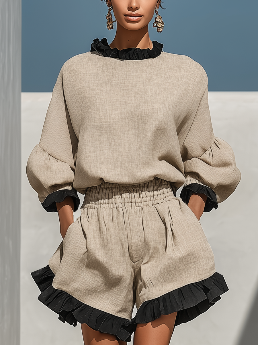 Simi - Blusa y Pantalones Cortos Con Ribete De Volantes De Lino