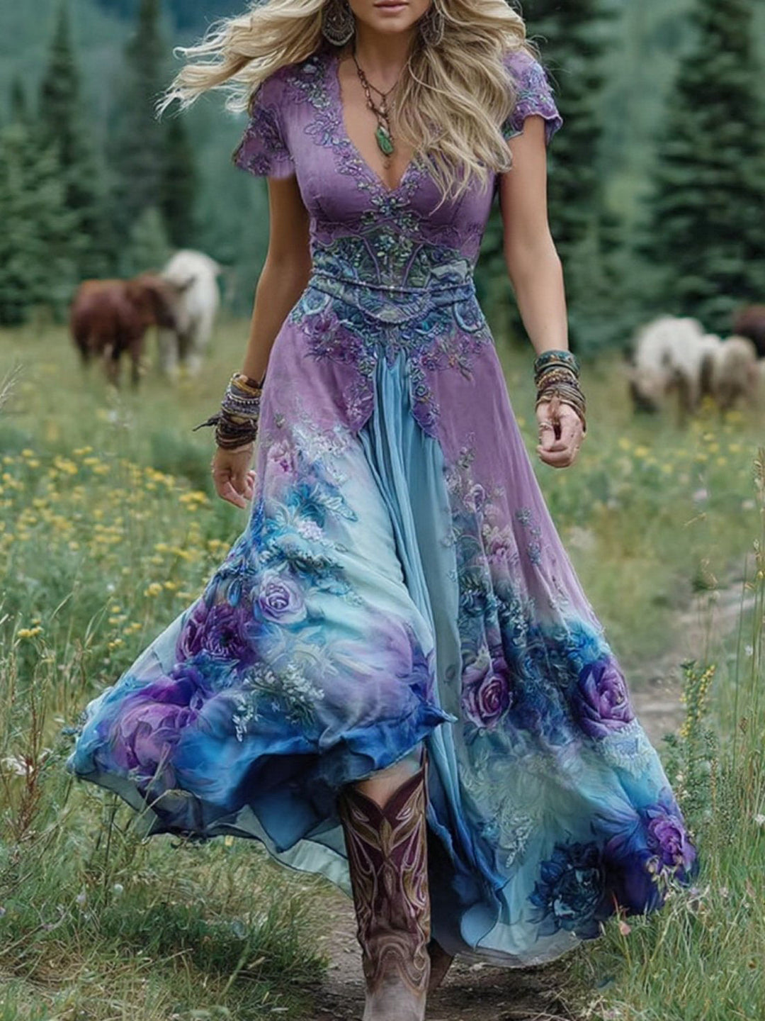 Marcina - Elegante Vestido Largo Con Tonos De Flores