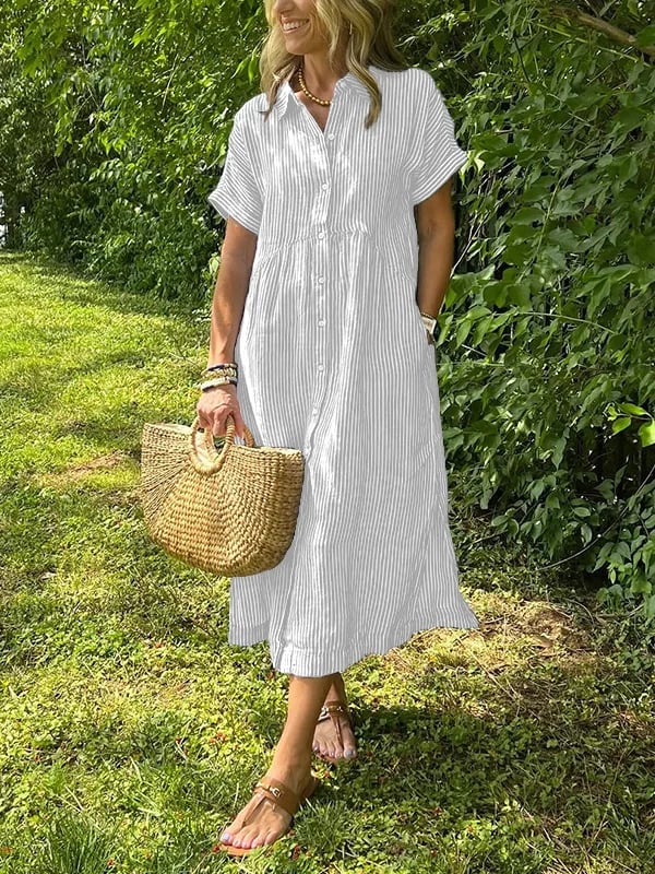 Alory - Cómodo Vestido Midi a Rayas Con Botones