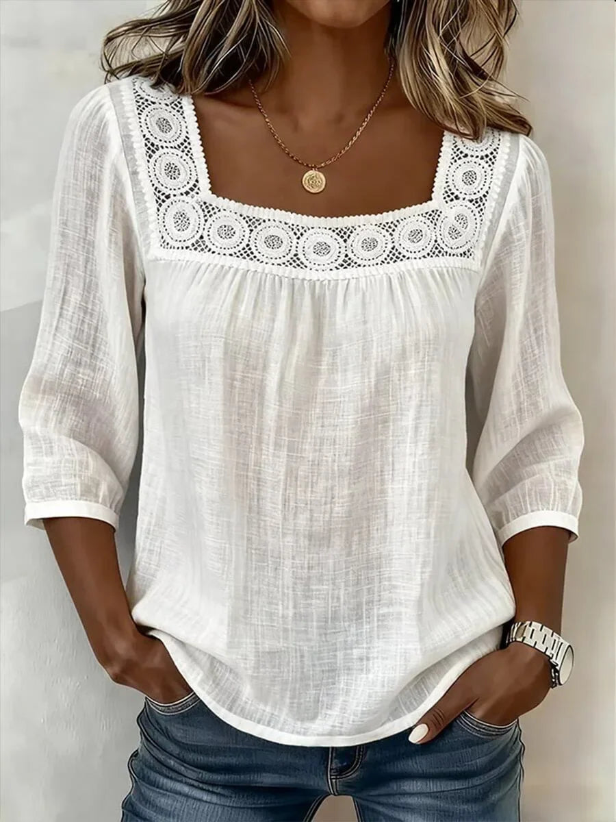 Nozomi - Blusa De Encaje Con Cuello Cuadrado Y Diseño De Retazos