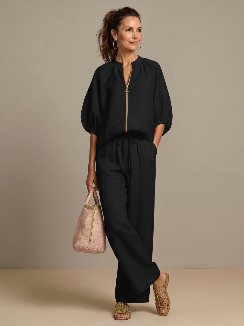 Sharina - Conjunto De Blusa Con Cremallera Y Pantalones De Pierna Ancha