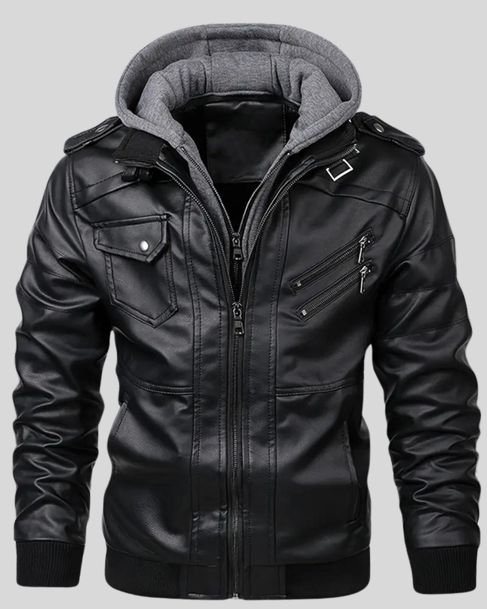 Davor - Chaqueta De Cuero Con Capucha y Doble Cremallera