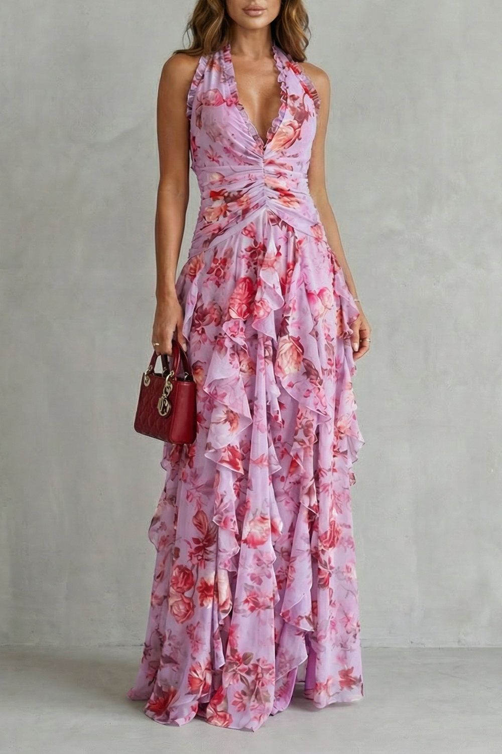 Eliora - Vestido Largo Con Cuello Halter y Estampado Floral En Cascada