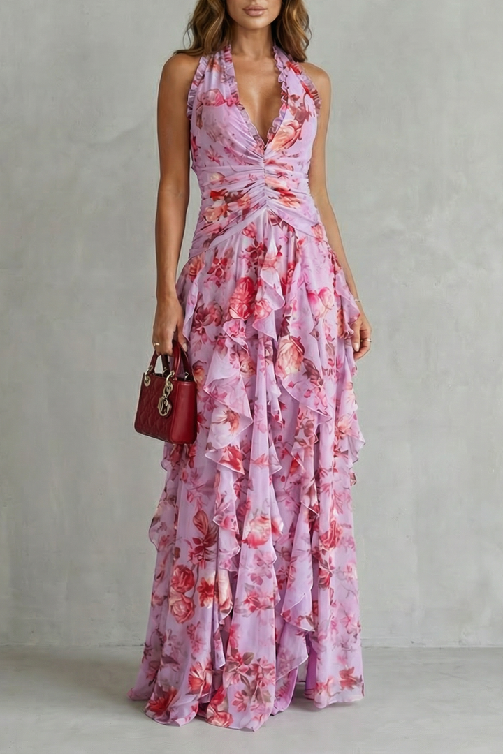Eliora - Vestido Largo Con Cuello Halter y Estampado Floral En Cascada