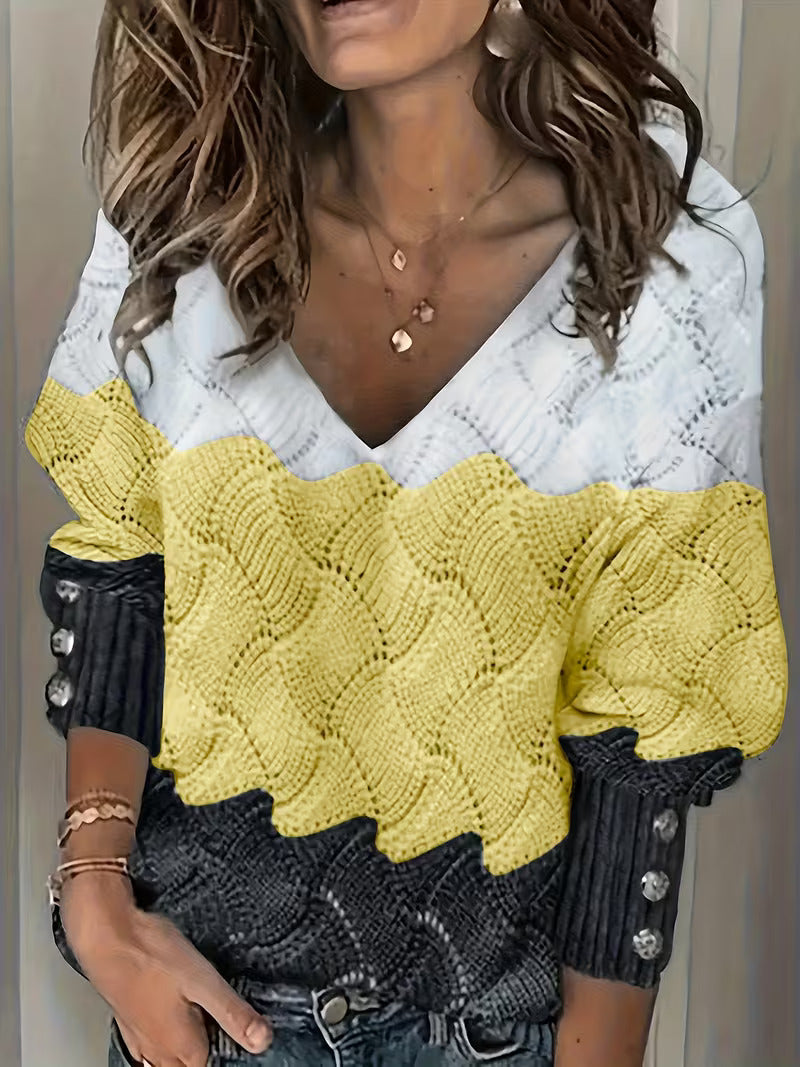 Sinara - Elegante Jersey De Cuello En V Y Manga Larga