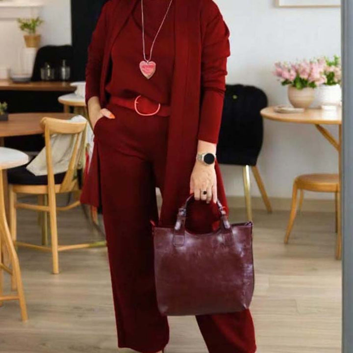 Dorren - Elegante Conjunto de Tres Piezas Con Cárdigan Largo, Top y Pantalón