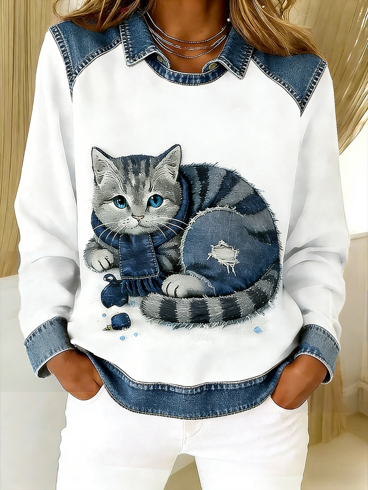 Eponin - Sudadera Retro Con Parche De Denim Con Estampado De Gatos