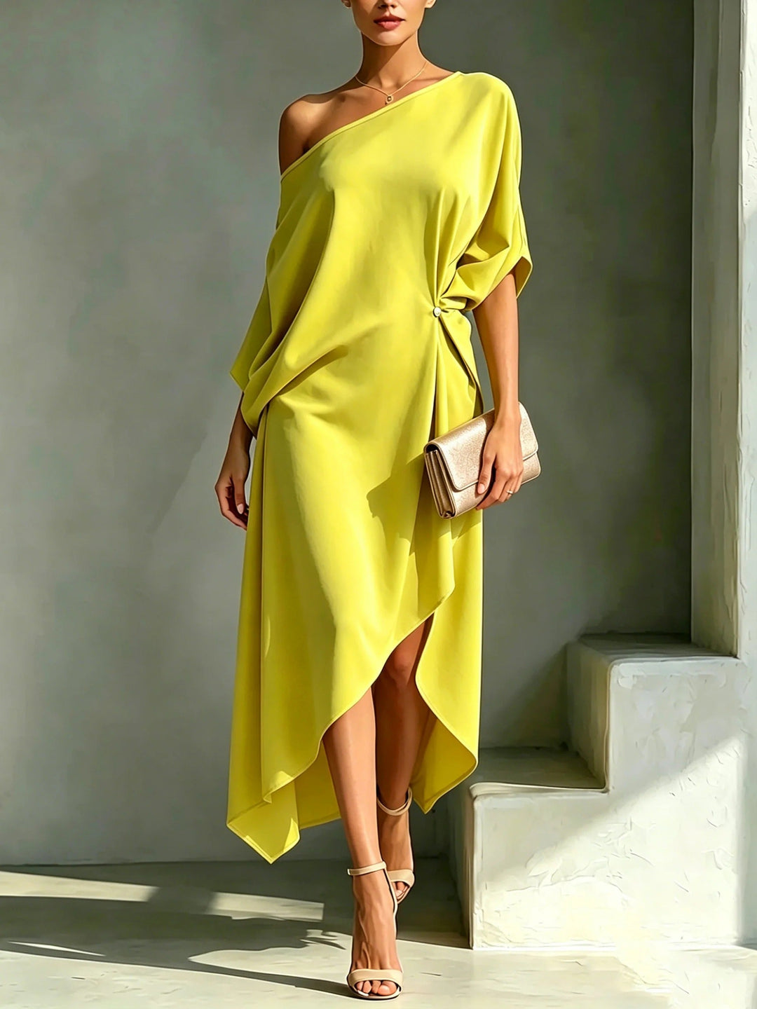 Elonia - Vestido Midi Asimétrico Con Hombros al Aire