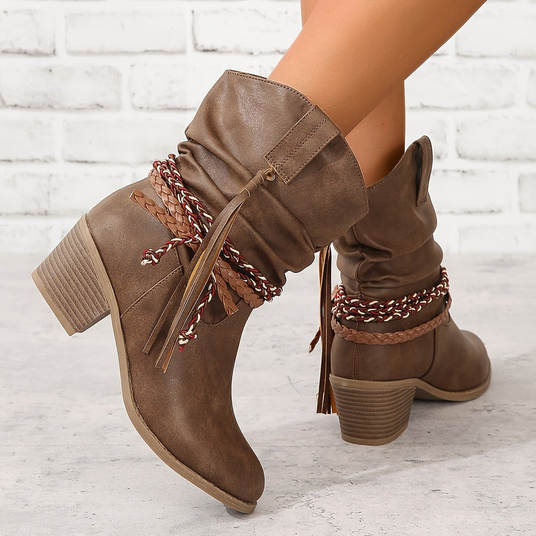Asenath - Elegant Rope Chunky Heel Boots