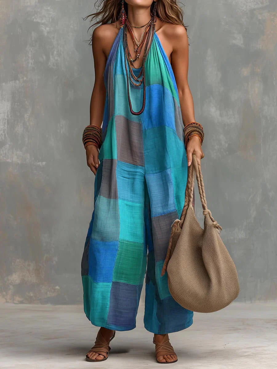 Meriny - Mono Patchwork Con Cuello Halter y Pernera Ancha