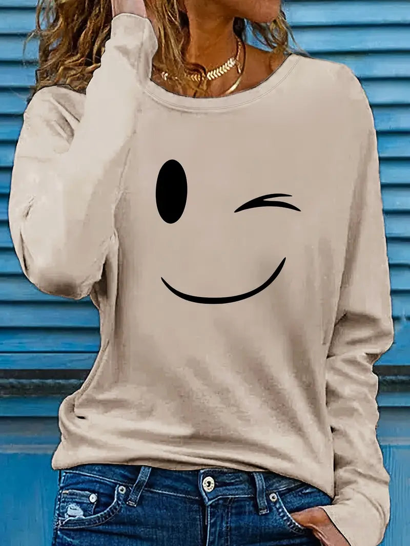 Odalina - Camiseta Informal Con Estampado Sonriente Guiño