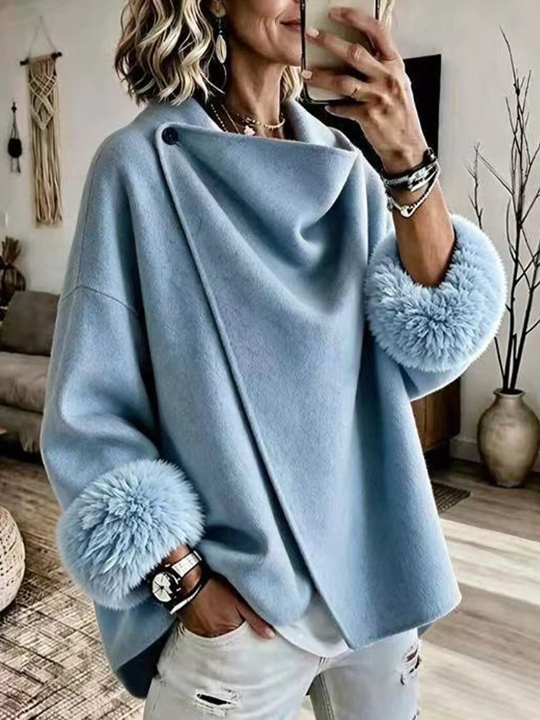 Mikila - Chaqueta Asimétrica De Mezcla De Lana Con Puños De Piel Sintética