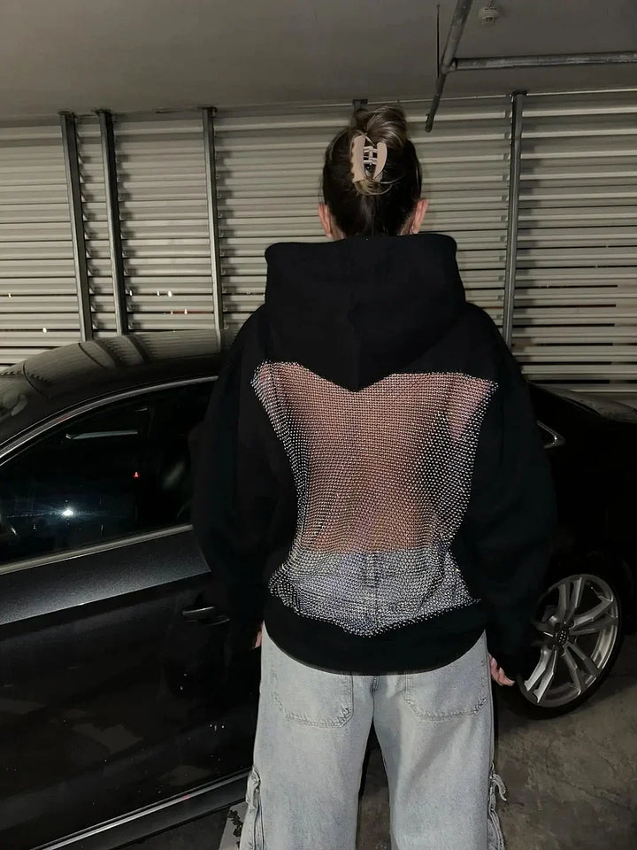Yasmina - Sudadera Con Capucha Sin Espalda y Malla Brillante