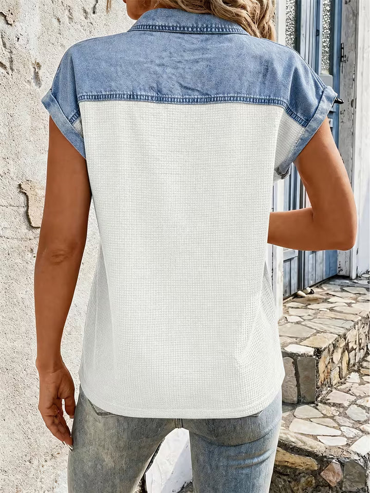 Haily - Camiseta Informal de Denim con Cuello de Patchwork y Manga Corta