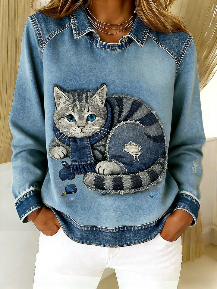Eponin - Sudadera Retro Con Parche De Denim Con Estampado De Gatos