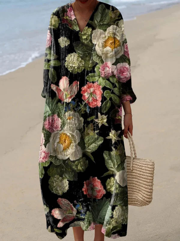 Zylina - Vestido Midi Con Cuello en V y Estampado Floral