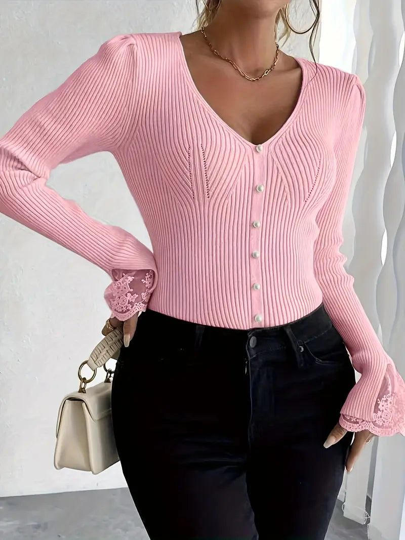 Visenna - Elegante Jersey Con Cuello en V y Mangas De Encaje