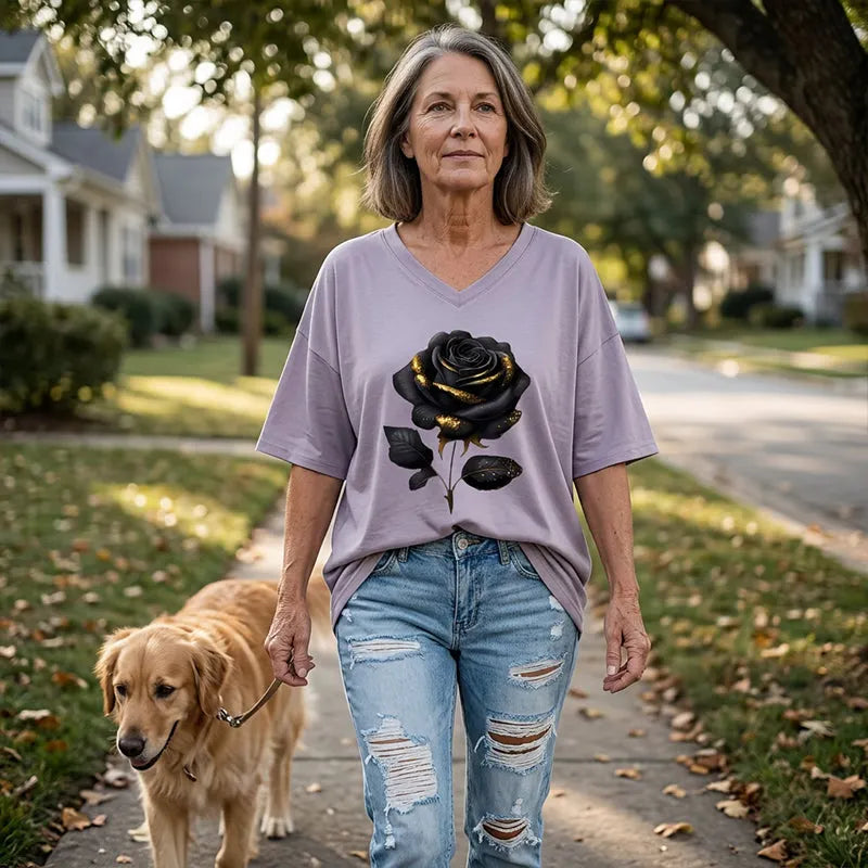 Aijia - Camiseta Con Cuello en V Y Estampado De Rosas