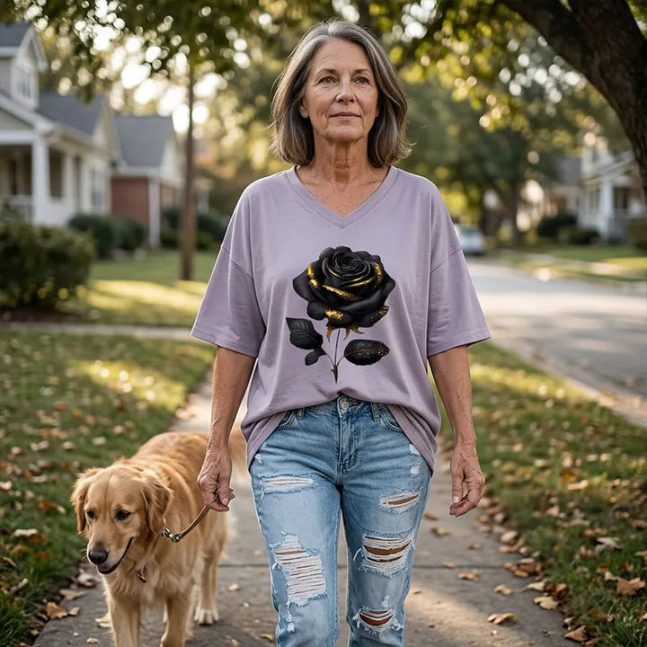 Aijia - Camiseta Con Cuello en V Y Estampado De Rosas