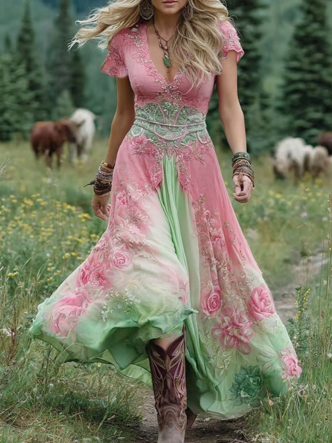 Marcina - Elegante Vestido Largo Con Tonos De Flores