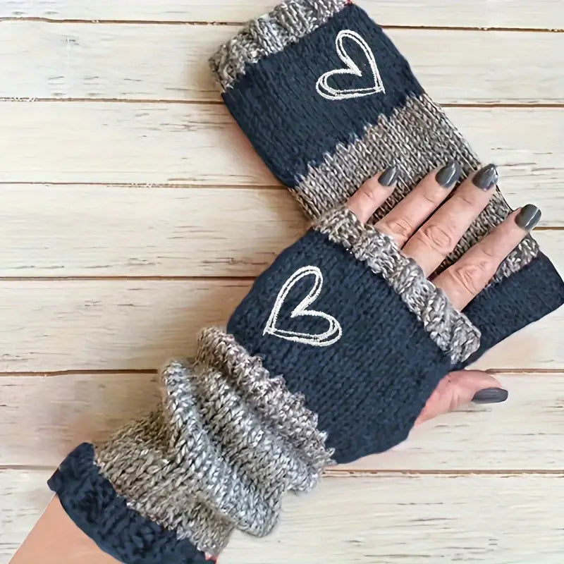 Eirlys - Guantes Sin Dedos De Punto Con Motivo De Corazón