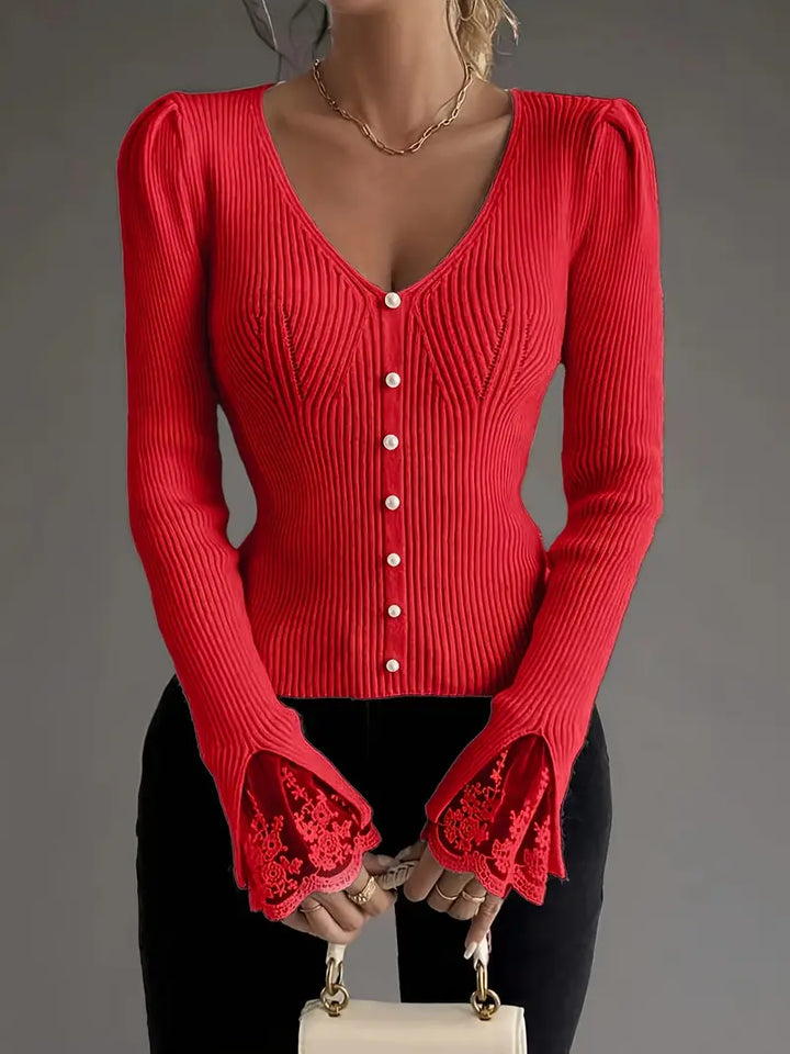 Visenna - Elegante Jersey Con Cuello en V y Mangas De Encaje