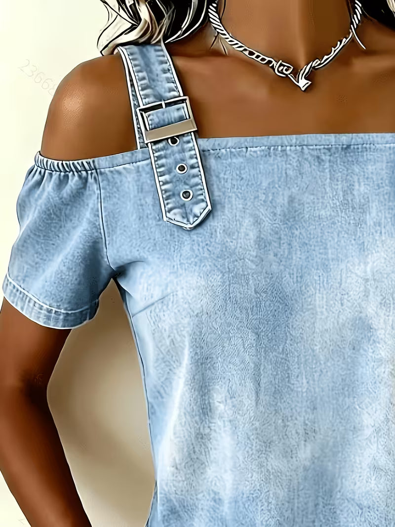 Kenia - Top de Denim con Hombros al aire y Manga Corta