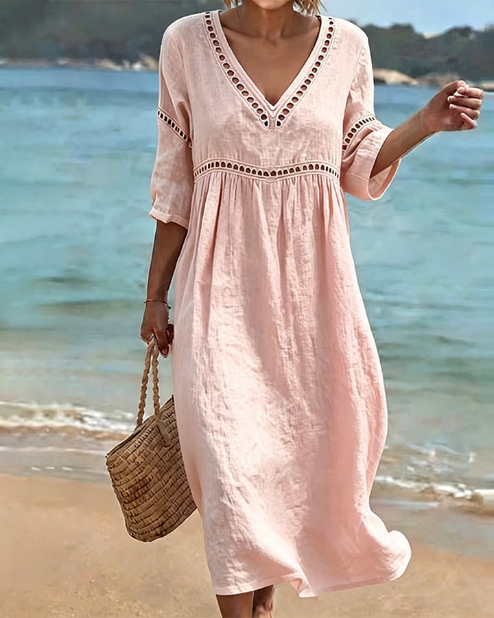 Mikela - Vestido Midi Con Cuello en V Y Adornos Calados