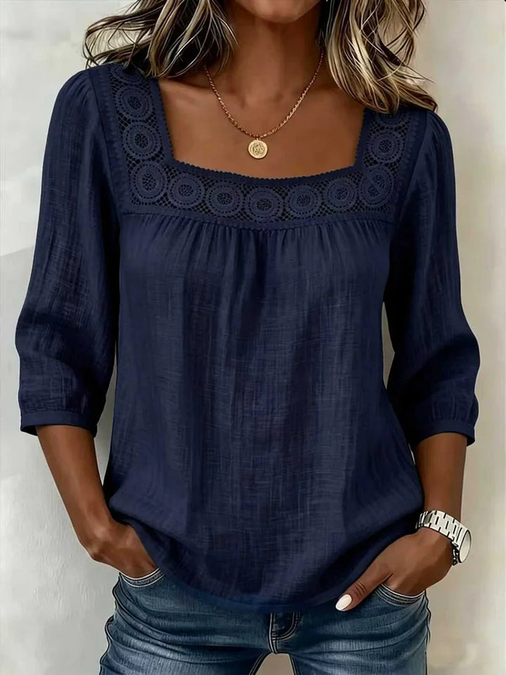 Nozomi - Blusa De Encaje Con Cuello Cuadrado Y Diseño De Retazos