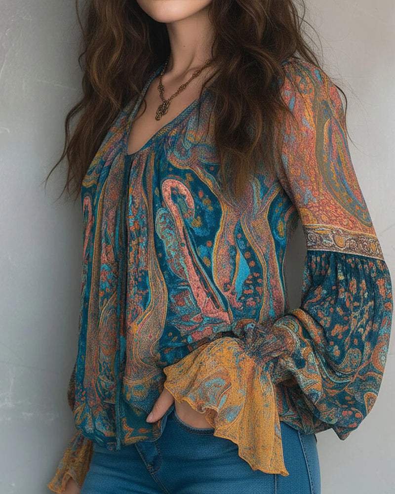 Izabella - Blusa De Cuello En V Estilo Bohemio Con Mangas Acampanadas
