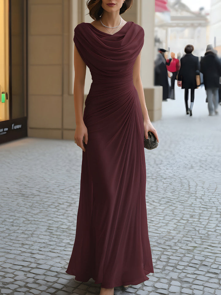 Jutharat - Vestido Largo Drapeado Con Cuello Redondo Fruncido